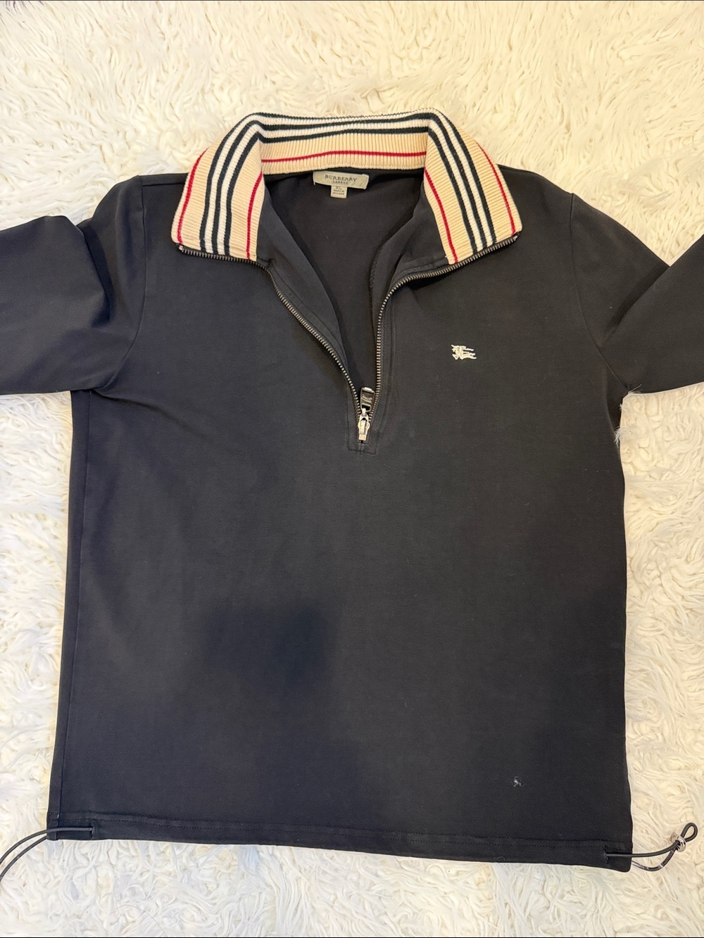 Burberry Navy Half-Zip Polo with Striped Collar
